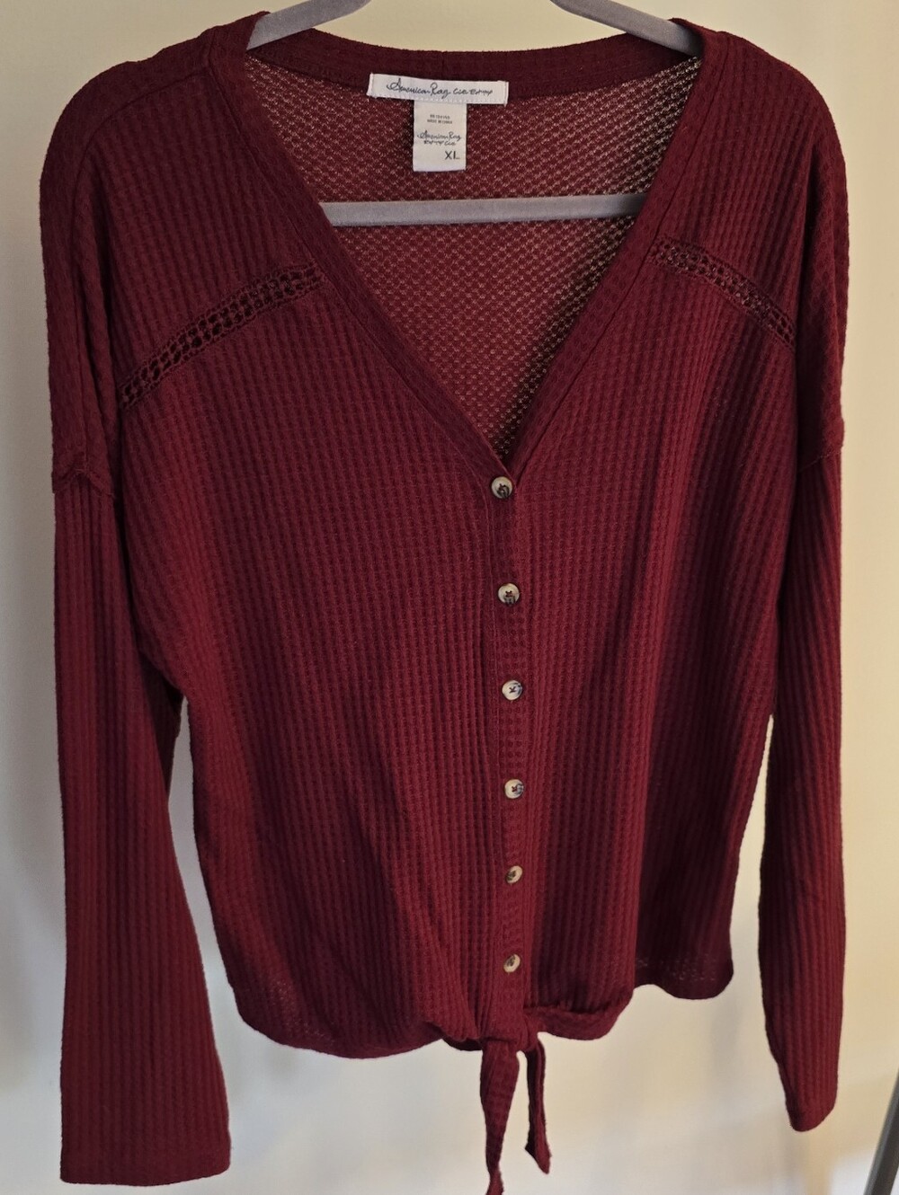 American Rag Red V-Neck Button-Down Tie-Front Waffle Knit Cardigan Top Size XL